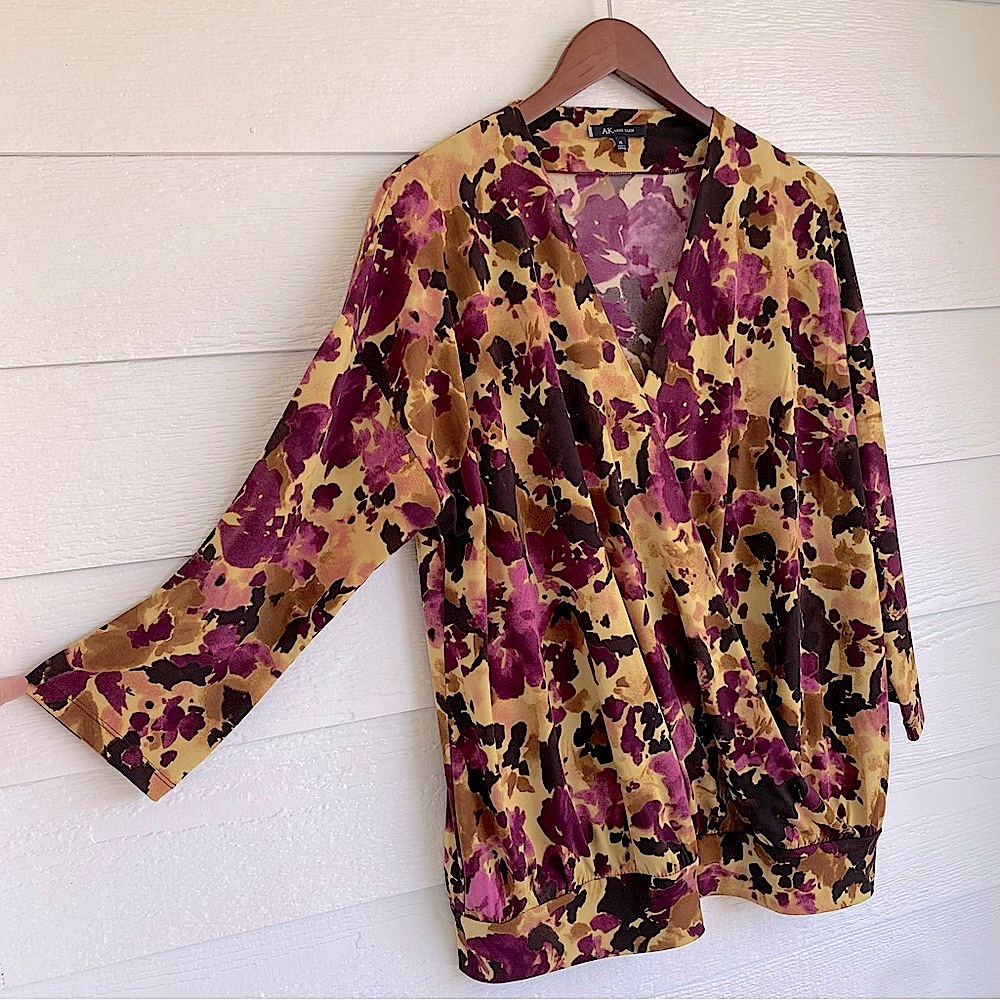 ANNE KLEIN Long-Sleeve V-Neck Burgundy Plum Gold Women’s Blouse Size XL - Picture 11 of 11